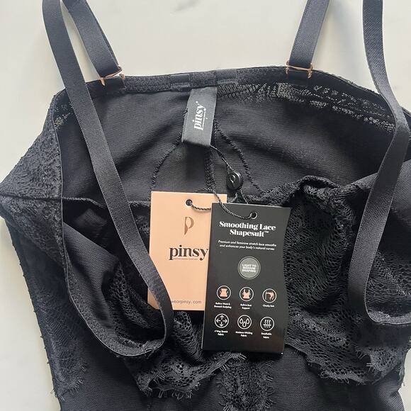 Pinsy Smoothing Lace Shape wear Bodysuit Black Sz small Sexy hourglass enhancing - Picture 6 of 11